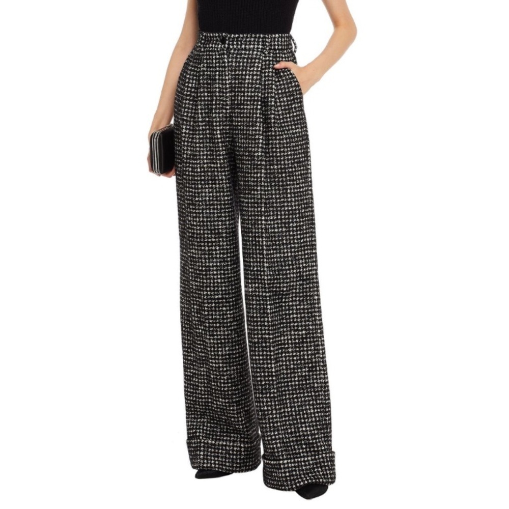 Dolce & Gabbana Houndstooth Tweed Pleated Wide Leg Wool Mohair Trouser Pants - Picture 2 of 12